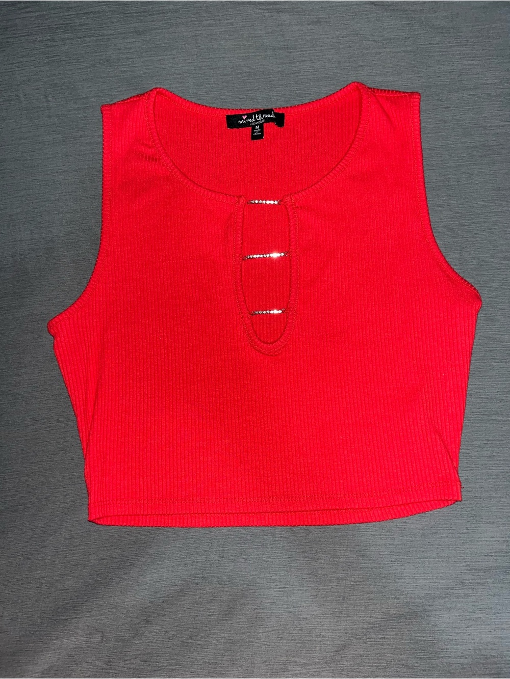 Mixed Thread LA Red Ribbed Crop Top Tank Rhinestone Cutout Size M 💎 - Picture 7 of 8